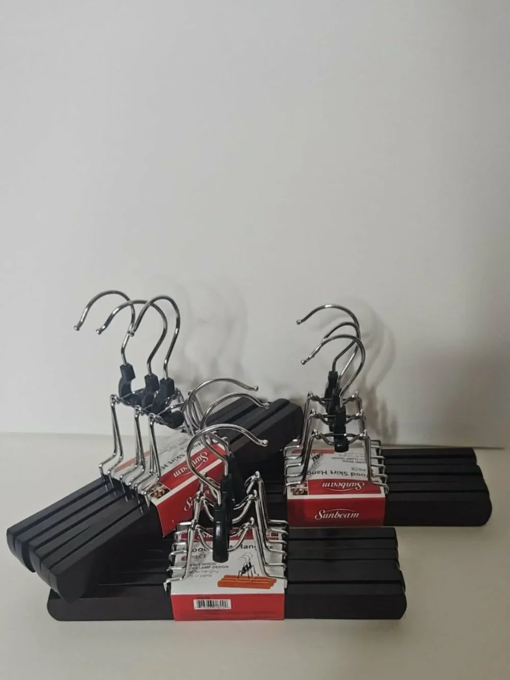 Sunbeam Black Wooden Skirt Pants Hangers Set of 9 Heavy Duty Chrome Swivel Hook